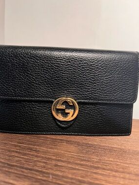 Gucci Black Pebbled Leather Wallet on a chain with Gold Double G Accent